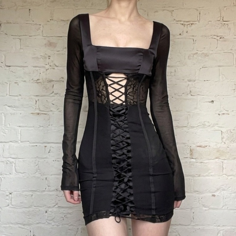 Oh Polly Dress Black Long Sleeve Corset Lace Up Mesh Mini Bodycon Goth sz 4
